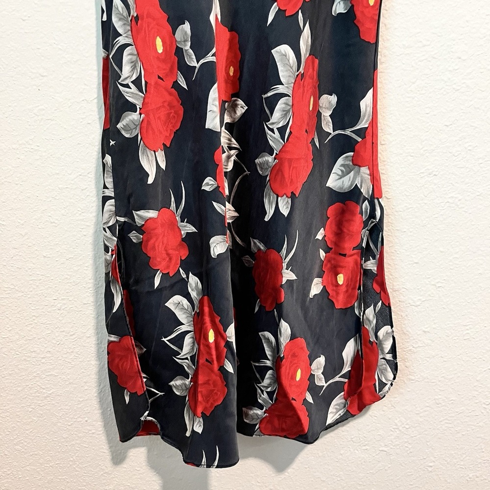 Vintage 90's Slip Dress Chemise Medium 100% Silk Black Floral Satin Babydoll - Picture 7 of 15